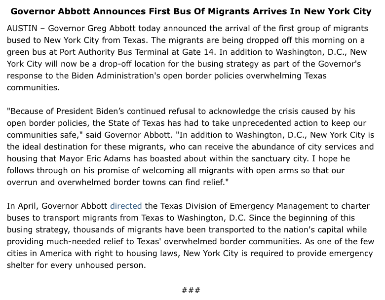 GregAbbott_TX's tweet photo. The 1st bus of migrants has arrived in NYC.

Biden refuses to do his job, so Texas continues to take unprecedented action to secure our border.

NYC is the ideal destination for these migrants.

They can receive the services Mayor Adams has boasted about w/in the sanctuary city. https://t.co/4sw41RqKdx
