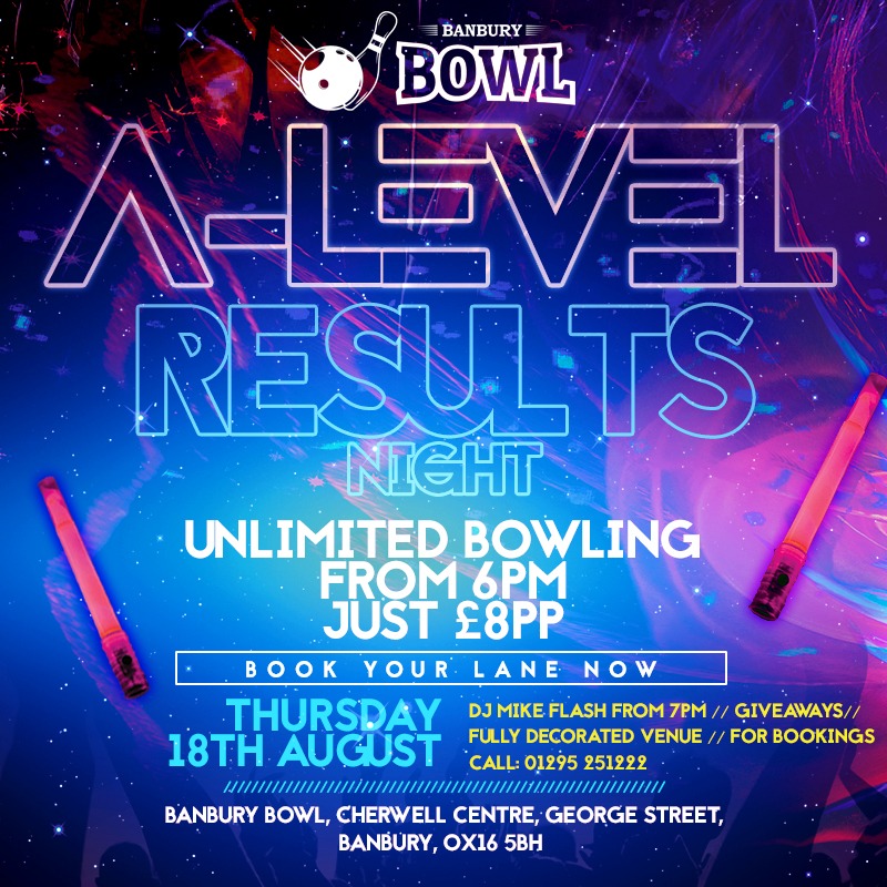DjMikeFlash's tweet photo. Check out what @BowlBanbury has planned this August! #DiscoBowl as normal every weekend!
A-Level Results Night, Thurs 18th Unlimited Bowling from 6pm-DJ from 7
Beach Party Weekender! Summer Drinks Deals - Giveaways - Venue Theming - Me playing summer classics!
BOOK NOW
#Banbury https://t.co/E5V1HYCVFf