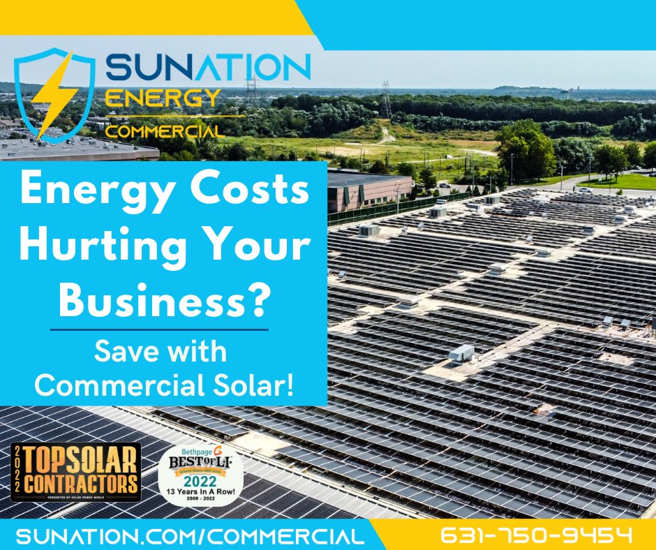 Are rising energy costs hurting your business? Take advantage of lower monthly electricity costs when you switch to solar energy!

Learn more at SUNation.com/Commercial and visit our newly updated Commercial Solar Gallery

#CommercialSolar #SolarBusinesses #LongIsland #ShopLocal
