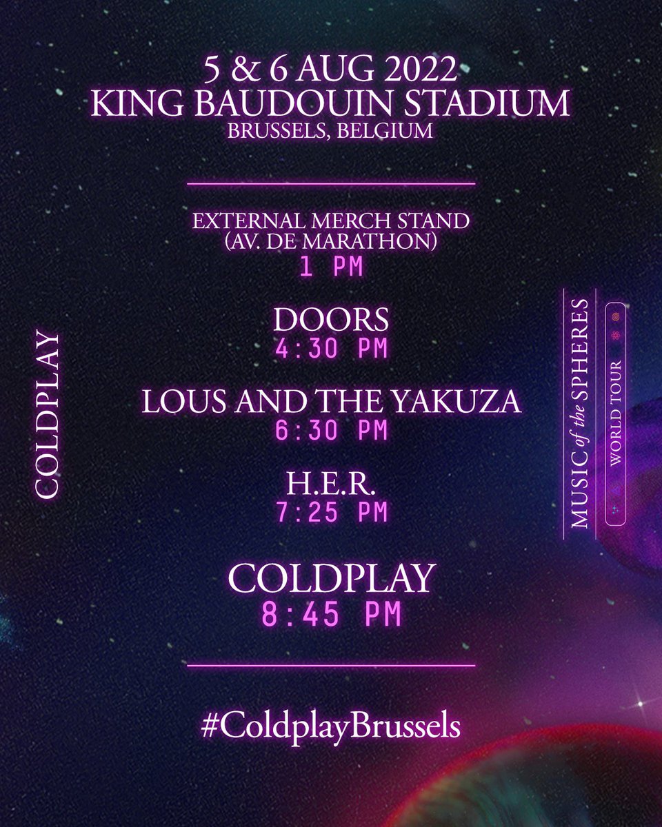 coldplay's tweet photo. #MusicOfTheSpheresWorldTour has arrived in Brussels for four sold out nights at King Baudouin Stadium. Here are the set times for this weekend's first two shows. #ColdplayBrussels https://t.co/jecQxwc3og