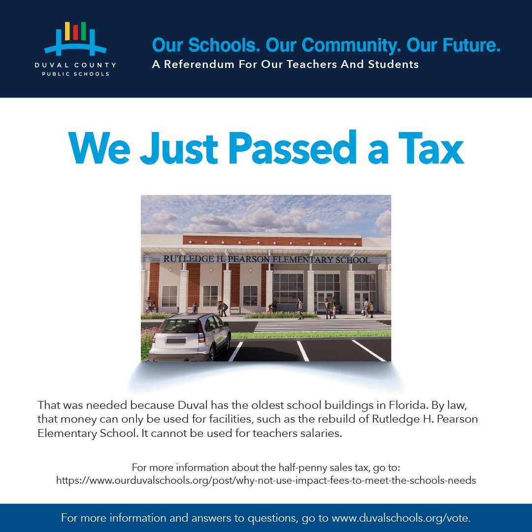 Why do we need a tax increase when voters just approved one in 2020? The half-penny can only be used for facility improvements. This money is for teacher and staff compensation, arts and athletics.  Share and stay informed @  duvalschools.org/vote.

#WeAreMandarin #TeamDuval