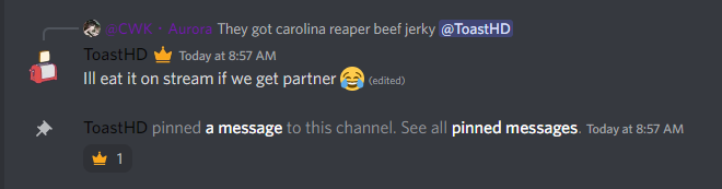 Our CEO <a href="/ManagerToast/">Toast</a> decided it'd be a lovely idea to make a bet with @AuroraCWK;

He has to eat the Carolina Reaper Jerky on stream if we get partnered with <a href="/KillerJerkyCo/">Killer Jerky</a> 😂😂
Farewell tastebuds.