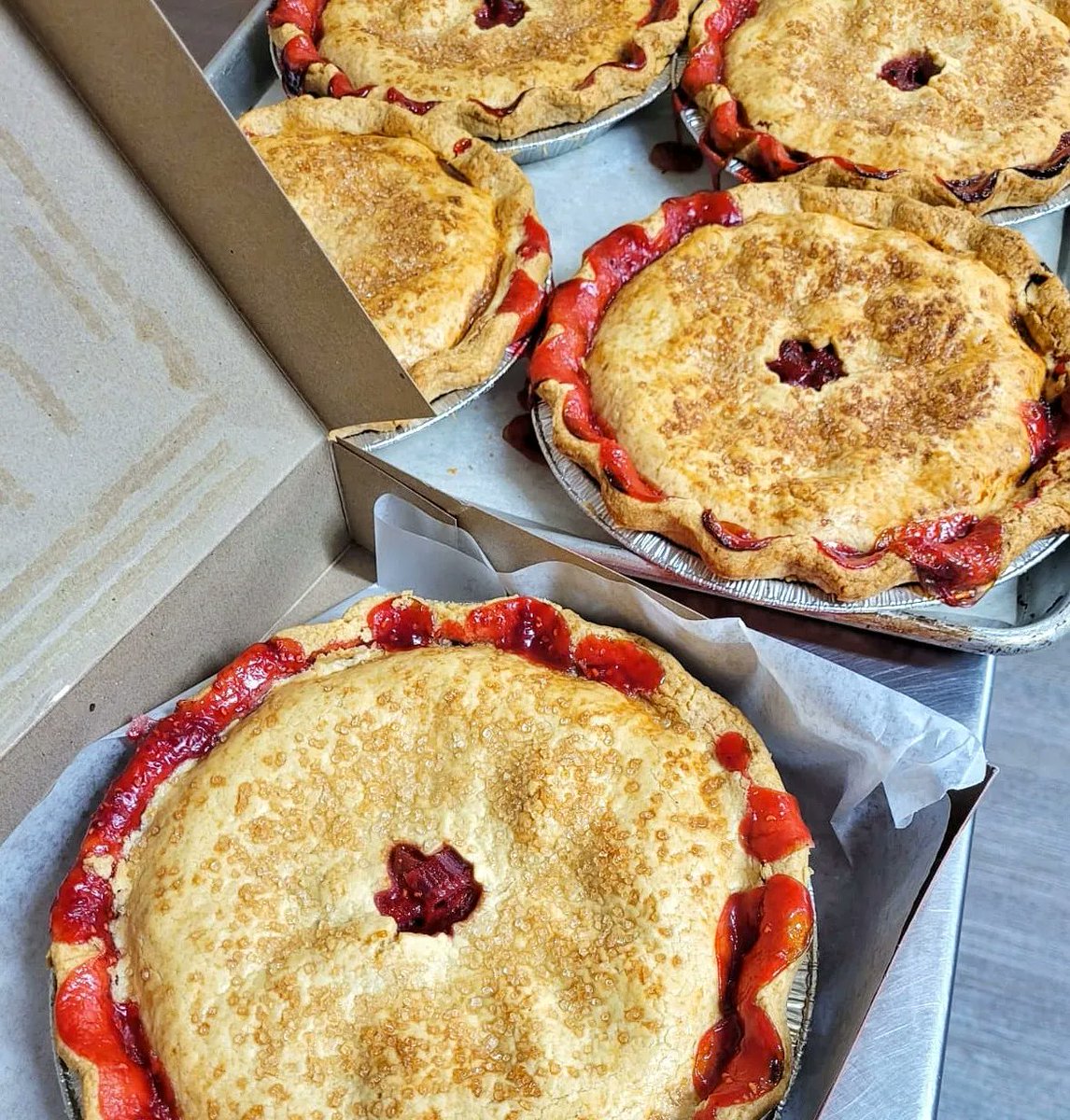 MurphysFarm's tweet photo. The #bakery team at #MurphysFarm is bringing back Raspberry Rhubarb Pies for a limited time! With sweet and tart flavours in a flaky pastry crust, we guarantee you'll want to add this local favourite #dessert to your next family meal. #alliston #bakery #raspberryrhubarb #pies https://t.co/zHxfjUXJMI