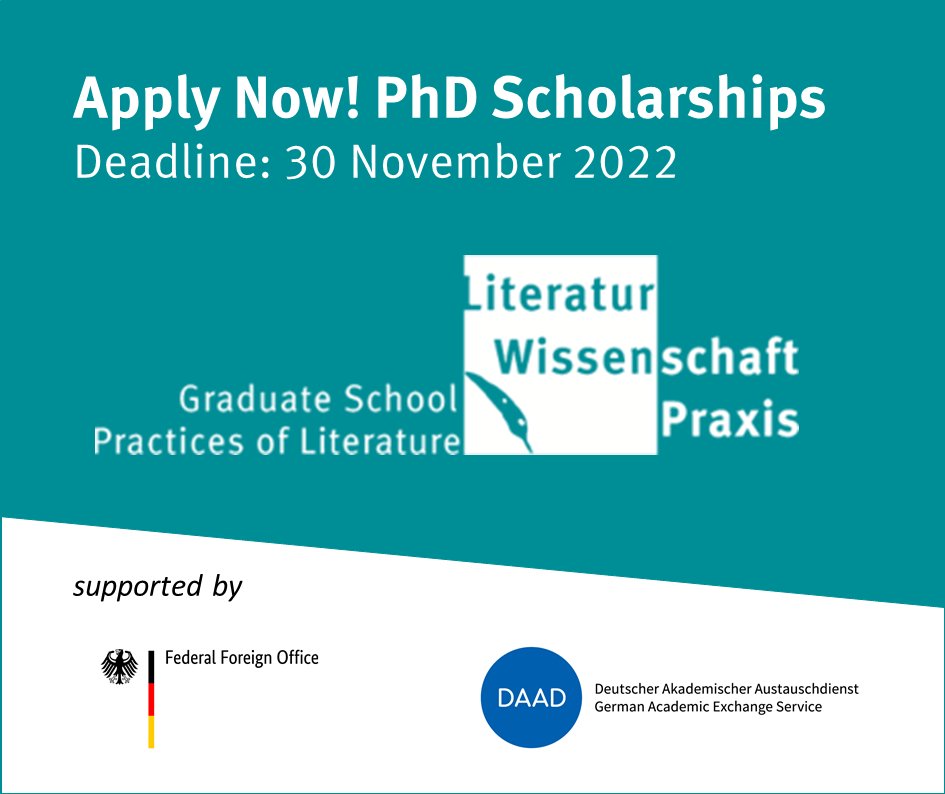 Applications are now open for two three-year DAAD scholarships for international doctoral researchers at the Graduate School Practices of Literature @WWU_Muenster! due: Nov. 30, 2022. details: go.wwu.de/gssp <a href="/AuswaertigesAmt/">Auswärtiges Amt</a> <a href="/DAAD_Germany/">DAAD News</a> 

Please RT!