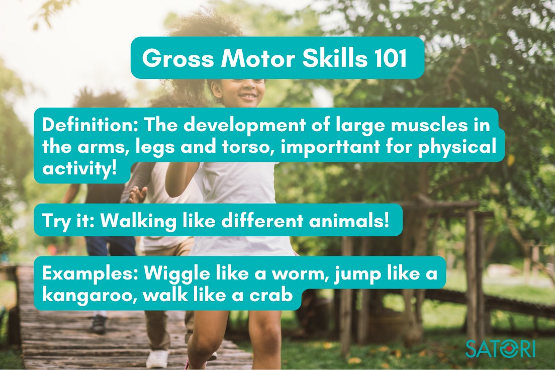 Let's get moving: Gross Motor Skills 101!

A fun exercise to help develop the large muscles in the arms, legs and torso is to practise walking like animals! 

#SatoriFoster #Exercise #MuscleDevelopment