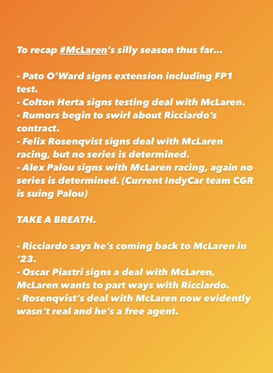 TrackChatShow's tweet photo. Fear not. The #ThePitsPod ‘s very own @alexmmmack has broken down the mind melting mess over at #McLaren so you don’t have to. 

You’re welcome.

#sillyseason #indycar #f1 https://t.co/ea5vGnUjEJ