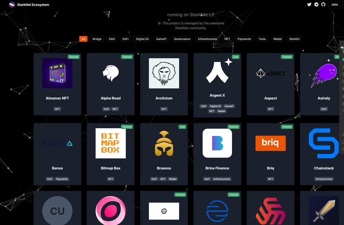 Starkgate主网/argent x/braavos/layerswap/Orbiter Finance/mint square/Pxls/Aspect，其他dapp也在陆续部署中，starknet生态页面：https://t.co/yLEaE0qX9Y https://t.co/h0m7mskWkb