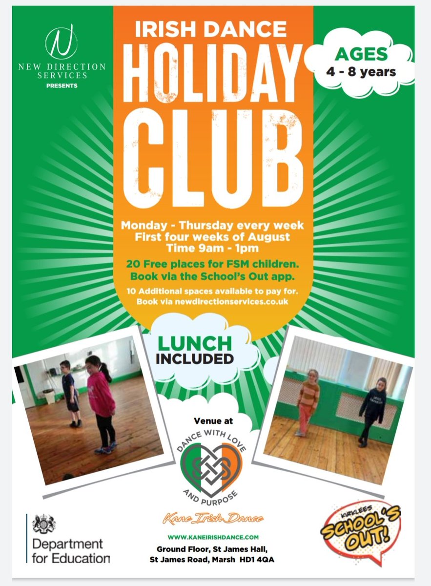 Irish dance holiday club. 
Spaces each day for both Free school meal eligible children and non eligible children. 

#HAF2022 #irishdance #dance #kirklees