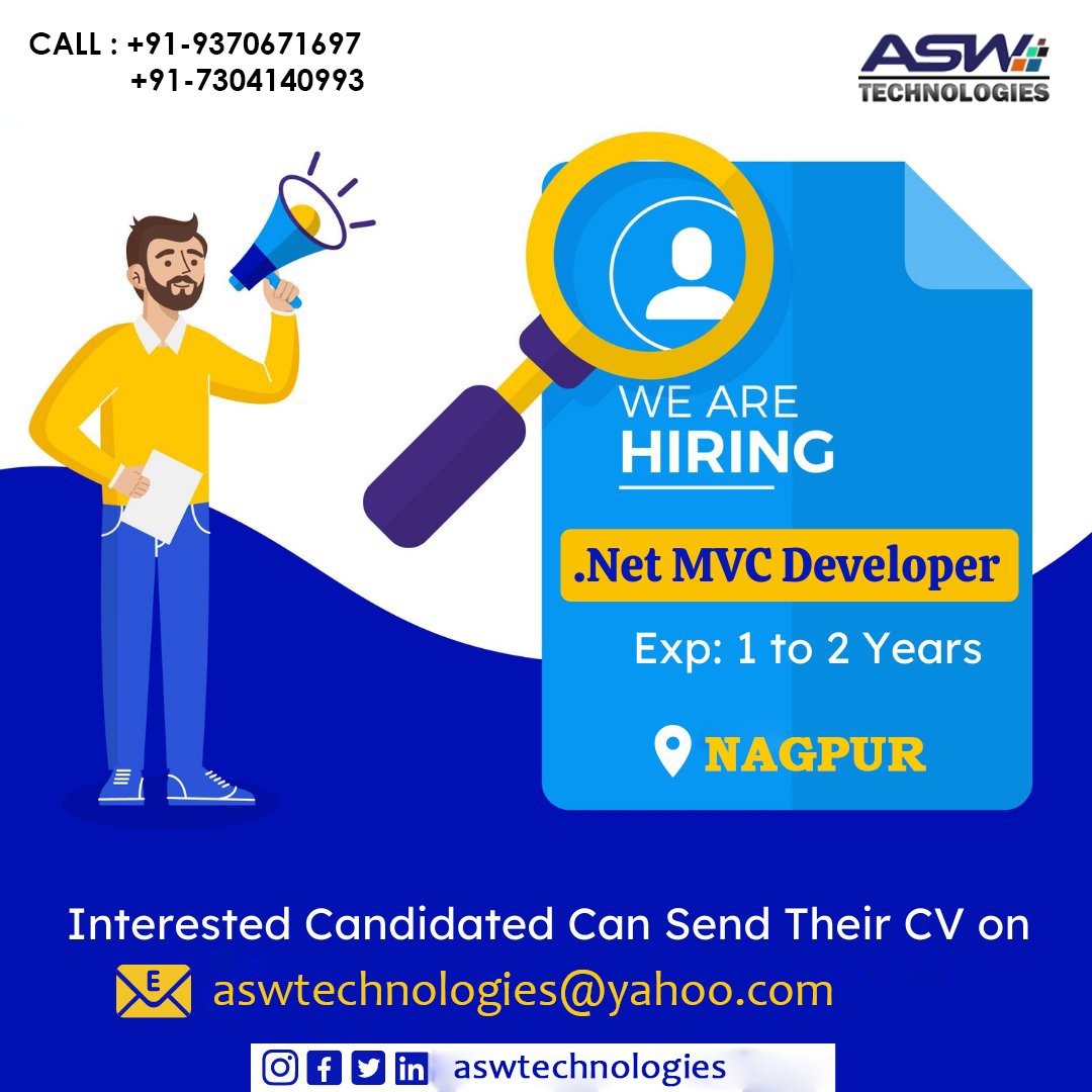 AswTechnologie's tweet image. Description
Position:
Web Developer - Dot Net MVC Developer

Education: Graduate /Post Graduate/ Diploma

Experience: 1+ Years

Job Location: Nagpur, Maharashtra
aswtech.in

Call Us for more Info
+91-9370671697 \ 0712-2776599

 #jonvacancy #dotnetmvcdeveloper
