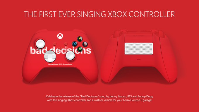 Image shows the front and back of a Xbox collectible Bad Decisions controller, sitting on a red background. Text reads: "THE FIRST EVER SINGING XBOX CONTROLLER", and "Celebrate the release of the "Bad Decisions" song by benny blanco, BTS and Snoop Dogg with this singing Xbox controller and a custom vehicle for your Forza Horizon 5 garage!".