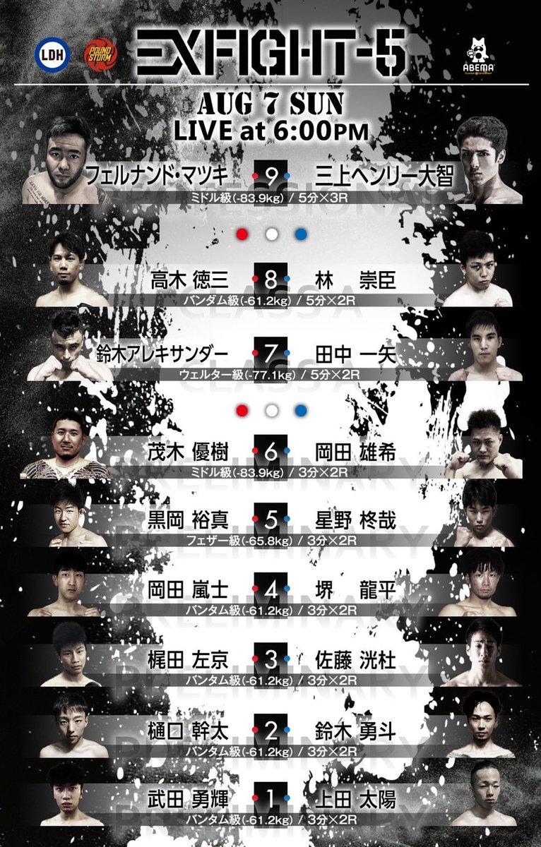 EXFIGHT_LDH's tweet photo. \8/7(日)18:00開催🎉/
#EXFIGHT5 road to #POUNDSTORM
ついに今週末に迫ったEXFIGHT-5💥
全9試合を #ABEMA で生配信📲
ご視聴は👉🏻https://t.co/EYU5zYfTSD
POUNDSTORMから約3ヶ月半…
世界への道はここから始まる🔥🔥🔥
未来を切り開くのは誰だ…⁉️
#MMA #総合格闘技 #LDHmartialarts https://t.co/fNgjPxHVgA
