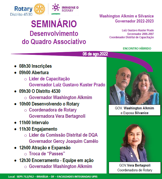 Distrito4530's tweet image. Seminário do Desenvolvimento do Quadro Associativo do Distrito 4530 ocorre neste dia 06/08, sábado, às 9h00 horas. Formato híbrido. Participe você também. Informações de acesso transmitidas internamente.

#PessoasEmAção4530 #ImagineORotary #DQA