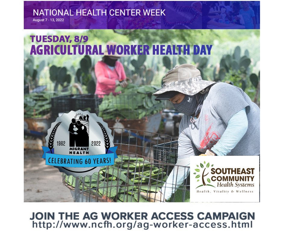 SoutheastCHS's tweet photo. We thank America’s agricultural workers as they continue to contribute to our communities. Help us celebrate the 60th Anniversary of the Migrant Health Program by keeping #AgWorkerAccess to quality healthcare a priority! https://t.co/L84Wop7HzQ #MigrantHealth60 #NHCW22 #ValueCHCs https://t.co/oe6s06Qhlw
