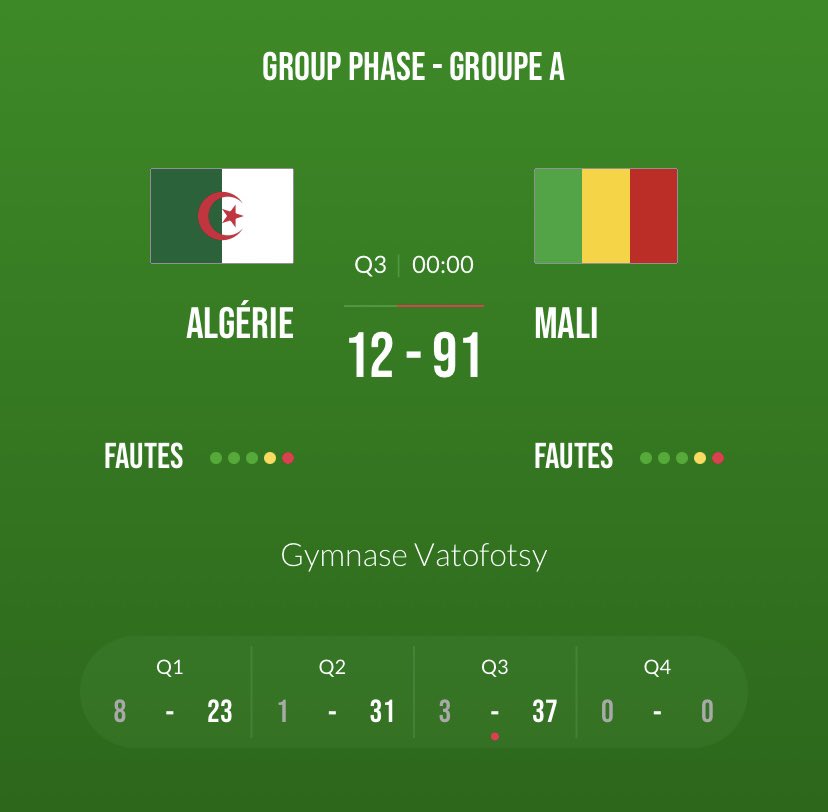 SingSharawan's tweet photo. #FIBAU18Africa 

U18 Filles

Fin du 3eme quart-temps 

 ALGÉRIE 🇩🇿 1️⃣2️⃣- 9️⃣1️⃣ 🇲🇱 MALI

#basket221 #AfrobasketU18 #AfroBasket https://t.co/xrNOvQmrIc