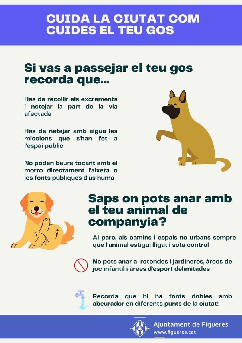 CUIDA LA CIUTAT COM CUIDES EL TEU GOS🐶

‼️Recorda que has de recollir els excrements i netejar amb aigua les miccions
🏞️Pots anar amb els teus animals de companyia al parc, als camins i espais no urbans. Però no podeu anar a rotondes i jardineres...