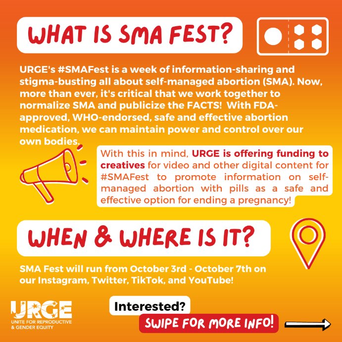 URGE_org's tweet photo. Join us for a new, weeklong, online festival, #SMAFEST!! Applications are open until Aug. 22. We are offering funding to creatives for video, and other digital content for #SMAfest to promote information on self-managed abortions.
https://t.co/rGPu1cppOL https://t.co/KkCkhJr1uX