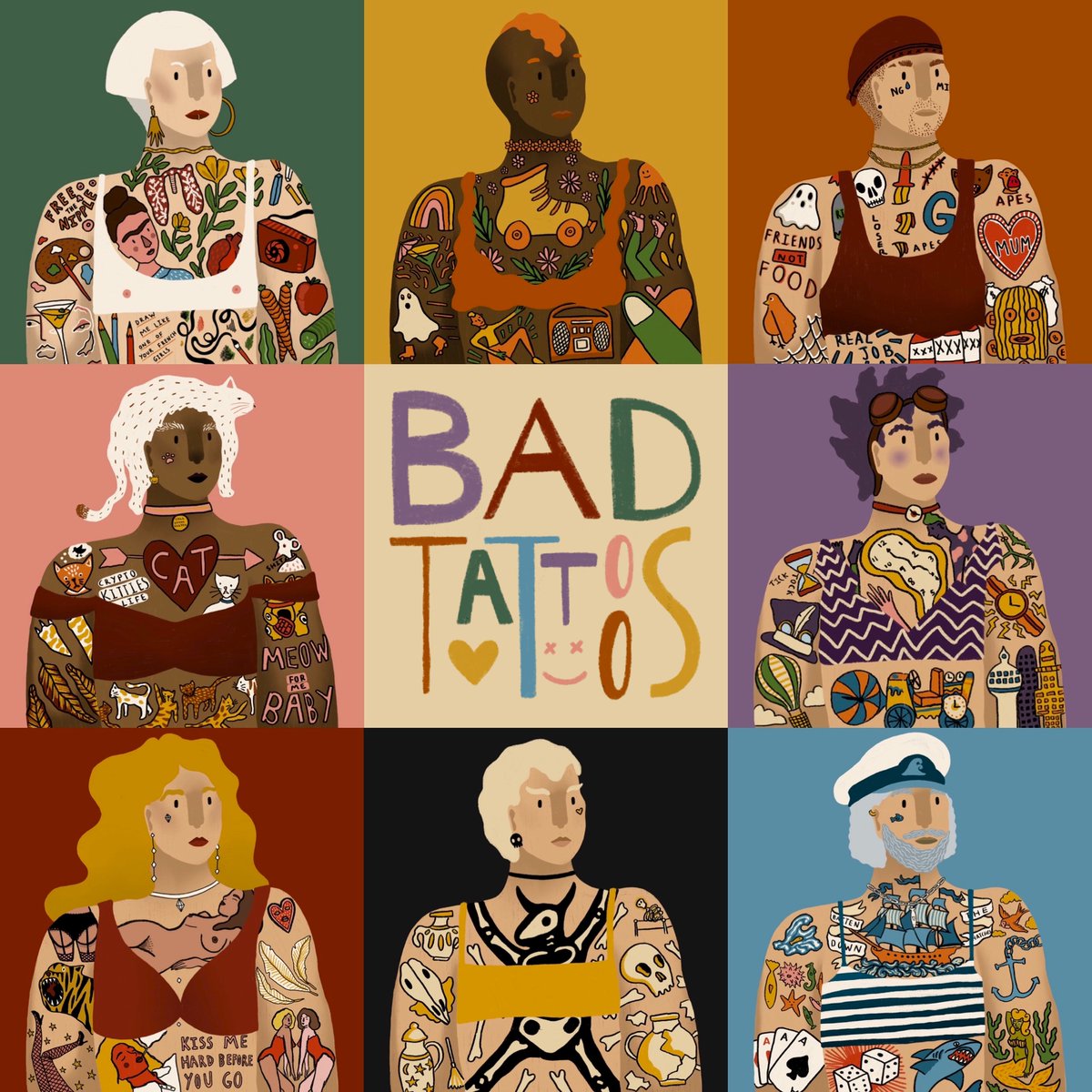 1/4 Bad Tattoos Town. Where your thoughts and desires manifest into tattoos for all to see.

As a resident of this weird and wonderful town you will receive weekly art airdrops, monthly zines expanding on our lore and In the future you will be able to choose your own tattoos.