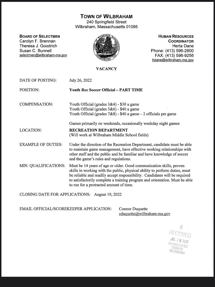 We are still looking for Fall Soccer officials!! Send completed applications to cduquette@wilbraham-ma.gov
