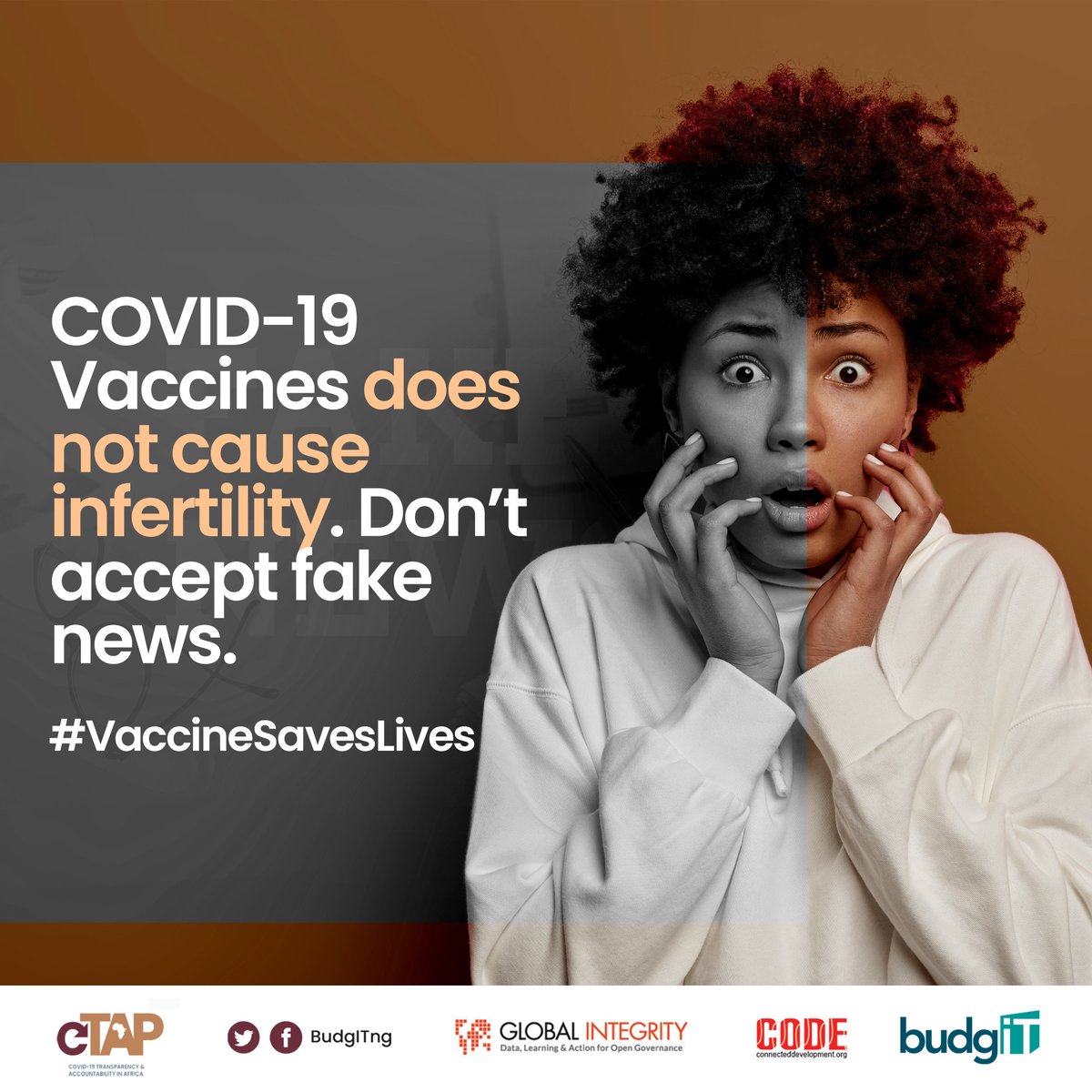 Covid-19 Vaccines do not cause infertility. 
DO NOT ACCEPT FAKE NEWS

ghana.yourbudgit.com
#ctap #covid_19 #ᴠaccinesaveslives #vaccine #vaccinesafetyadvocate #budgitghana #ghana #budgitng #budgitnigeria #ministryofhealth #who