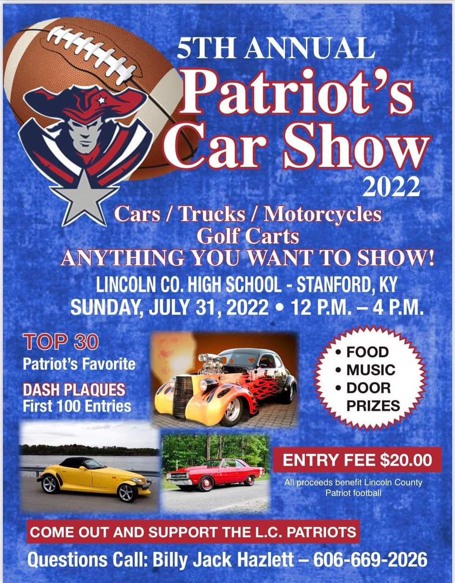 Lincoln County Patriots College Recruiting News (@lcfb_recruiting) on Twitter photo ๐จ GET UP LC!!! <a href="/LC_Patriots/">Lincoln Co. Football</a> FOOTBALL is BACK!
๐ 8/5 SCRIMMAGE at GRC
๐ 8/7 CAR SHOW
๐ 8/13 PIG ROAST
#ForTheCOUNTY #FOOTBALLSZN
<a href="/LCKYAthletics/">Lincoln Athletics</a> <a href="/LCHS_PatNation/">#REDNATION</a> <a href="/mattday411/">Matt Day</a> <a href="/QuadrupleCov859/">Quadruple Coverage</a> @ChaseMarcum548 <a href="/joshjagg/">Josh Jaggers</a> <a href="/bret1555/">Bret Baierlein</a> <a href="/brysonyaden7/">Bryson Yaden</a> <a href="/jeffreyelias06/">Jeffrey Elias</a> ๐จ GET UP LC!!! <a href="/LC_Patriots/">Lincoln Co. Football</a> FOOTBALL is BACK!
๐ 8/5 SCRIMMAGE at GRC
๐ 8/7 CAR SHOW
๐ 8/13 PIG ROAST
#ForTheCOUNTY #FOOTBALLSZN
<a href="/LCKYAthletics/">Lincoln Athletics</a> <a href="/LCHS_PatNation/">#REDNATION</a> <a href="/mattday411/">Matt Day</a> <a href="/QuadrupleCov859/">Quadruple Coverage</a> @ChaseMarcum548 <a href="/joshjagg/">Josh Jaggers</a> <a href="/bret1555/">Bret Baierlein</a> <a href="/brysonyaden7/">Bryson Yaden</a> <a href="/jeffreyelias06/">Jeffrey Elias</a>