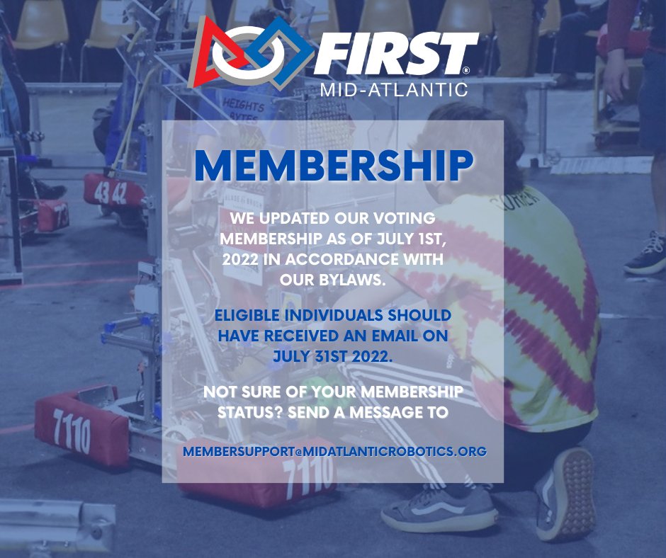 Welcome new and returning voting members!

Sometimes our emails get filtered out as 'Promotions' or 'Spam' 😢 but if you're still not sure of your member status - please send us an email!

#firstmidatlantic #fma #midatlanticrobotics