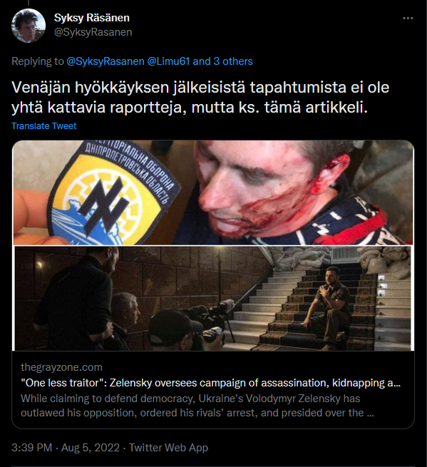 Board member of @amnestyfinland has made a thread accusing @amnesty of underreporting human rights abuses by the ukrainian armed forces etc. Recommends pro-russian disinfo site Grayzone as a source for this.