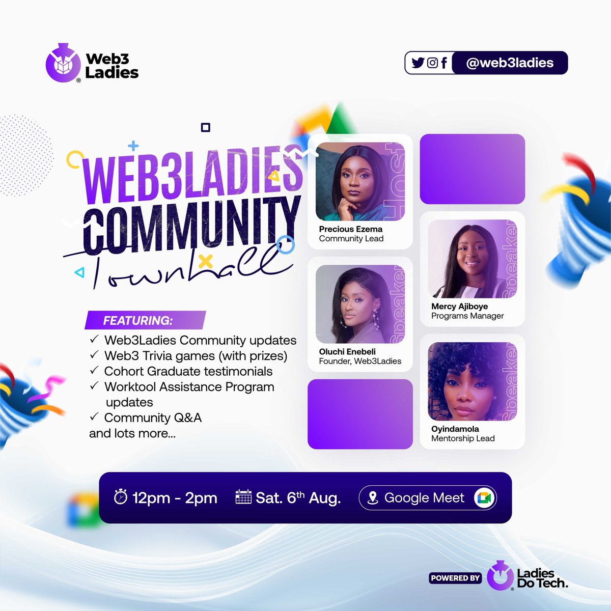 web3ladies's tweet photo. Make the Web3 ladies community town hall a date🥂 this Saturday. 

Get to know more community members, program updates, fun season and lot’s more.

Tell a community member to tell another community member. 

Hope to see you on Saturday.👀

Join our community to be part of this. https://t.co/ib65t7B9FC