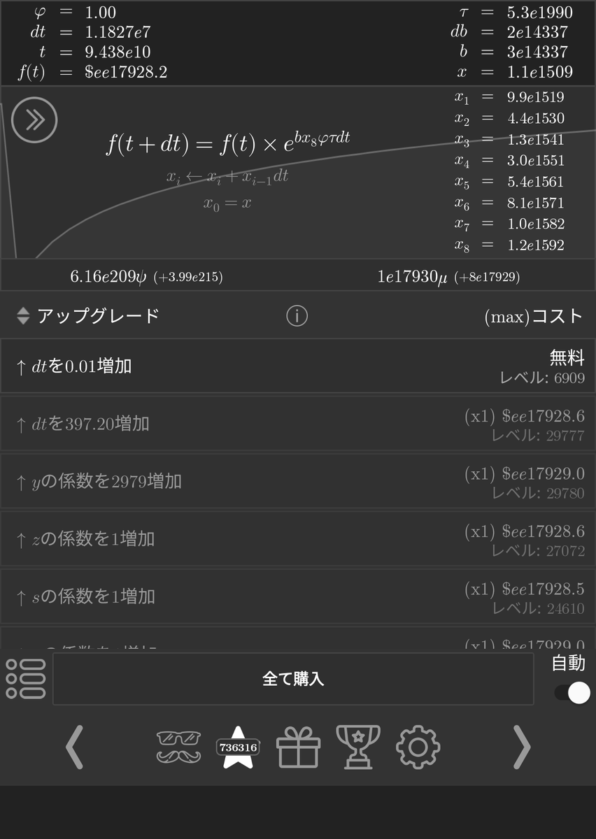 s2terminal_tech's tweet photo. #ExponentialIdle クリアした。クリアタイム81日17時間。
上に点がついてるのを時間微分だと気付かなくて結構苦労した。算数を復習したい。
最終ステージが放置(Idle)できない数式になってるのは微妙だったけど、面白かった。 https://t.co/2vpyyZd5II