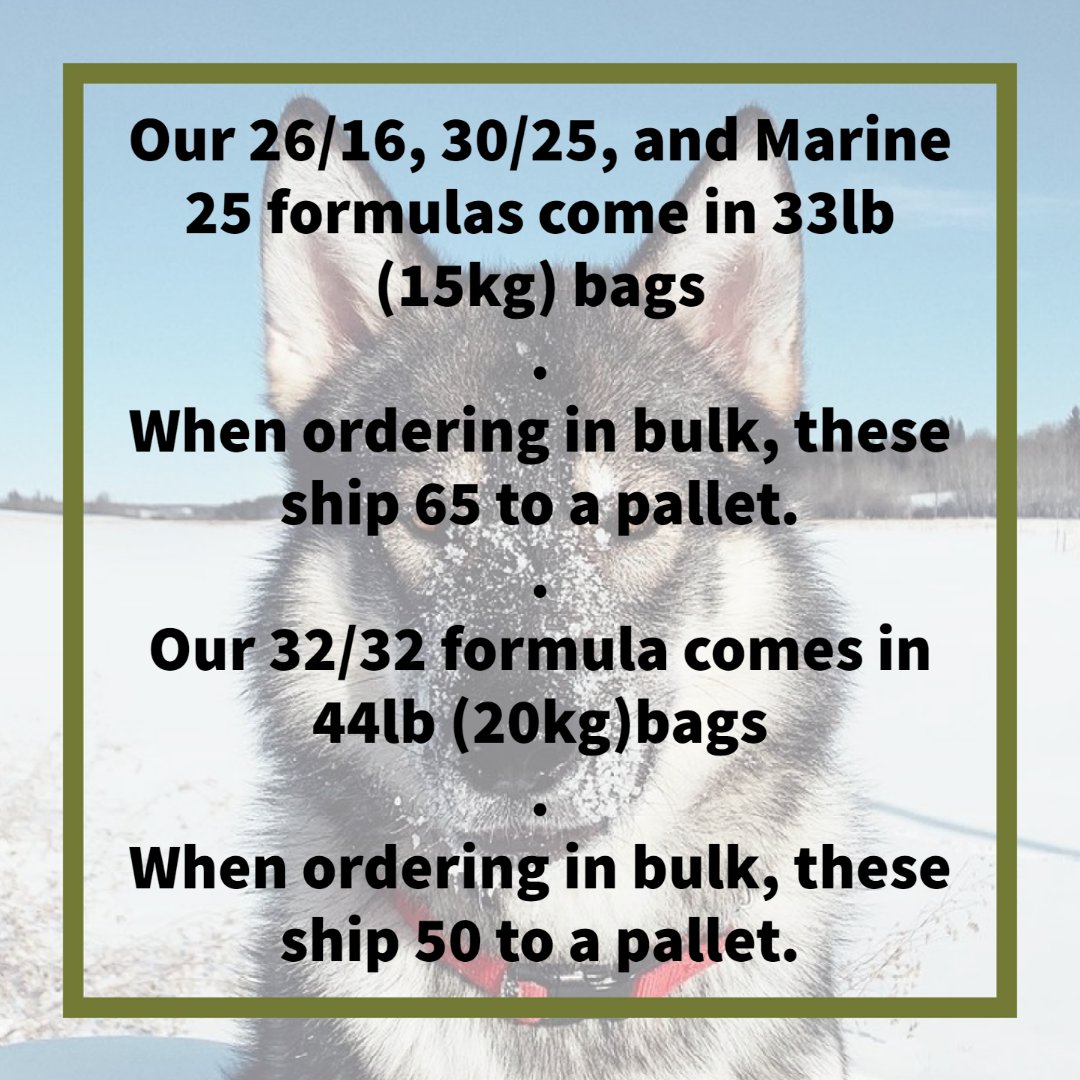 How much do the bags weigh?⁠
⁠
Our 26/16, 30/25, and Marine 25 formulas come in 33lb (15kg) bags, 65 bags to a pallet. ⁠
⁠
Our 32/32 formula comes in 44lb (20kg) bags, 50 to a pallet.⁠