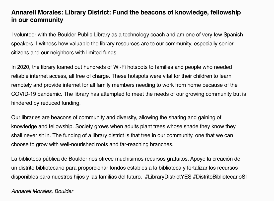 WeLoveBPLibrary's tweet photo. NEW: Dr Annareli Morales (@banannareli) writes in the @dailycamera: At the beginning of the pandemic in 2020, "the library loaned out hundreds of Wi-Fi hotspots to families and people who needed reliable internet access." #WhatDoLibrariesDo #Boulder https://t.co/Sdf0FVYY8O