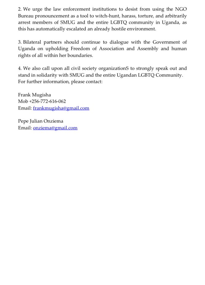Urgent Release. Statement on the shutdown of Sexual Minorities Uganda operations by the NGO bureau.