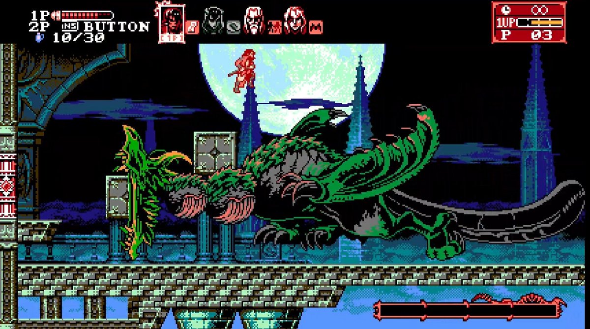 IntiReferences's tweet photo. Most bosses in the Bloodstained: Curse of the Moon series feature "Desperation Attacks", where they'll execute one final, big attack after their defeat.

These seem to also be featured in Grim Guardians: Demon Purge: Pay attention to the boss' health bar! https://t.co/8ckrrB6LUz