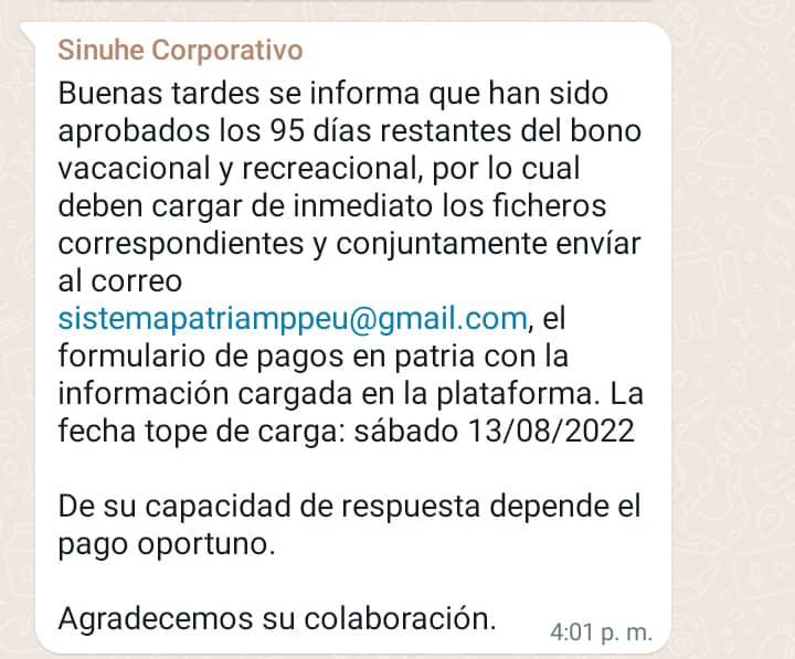 bonuccimario's tweet photo. Me informa la Directora de Tesorería y representante nuestra antes en el sistema patria que hoy le pidieron la nómina .txt  de los 95 días pendientes de pago del Bono Vacacional. No significa esto que pagarán, pero indica un avance sustancial. https://t.co/12i8mQxD7d