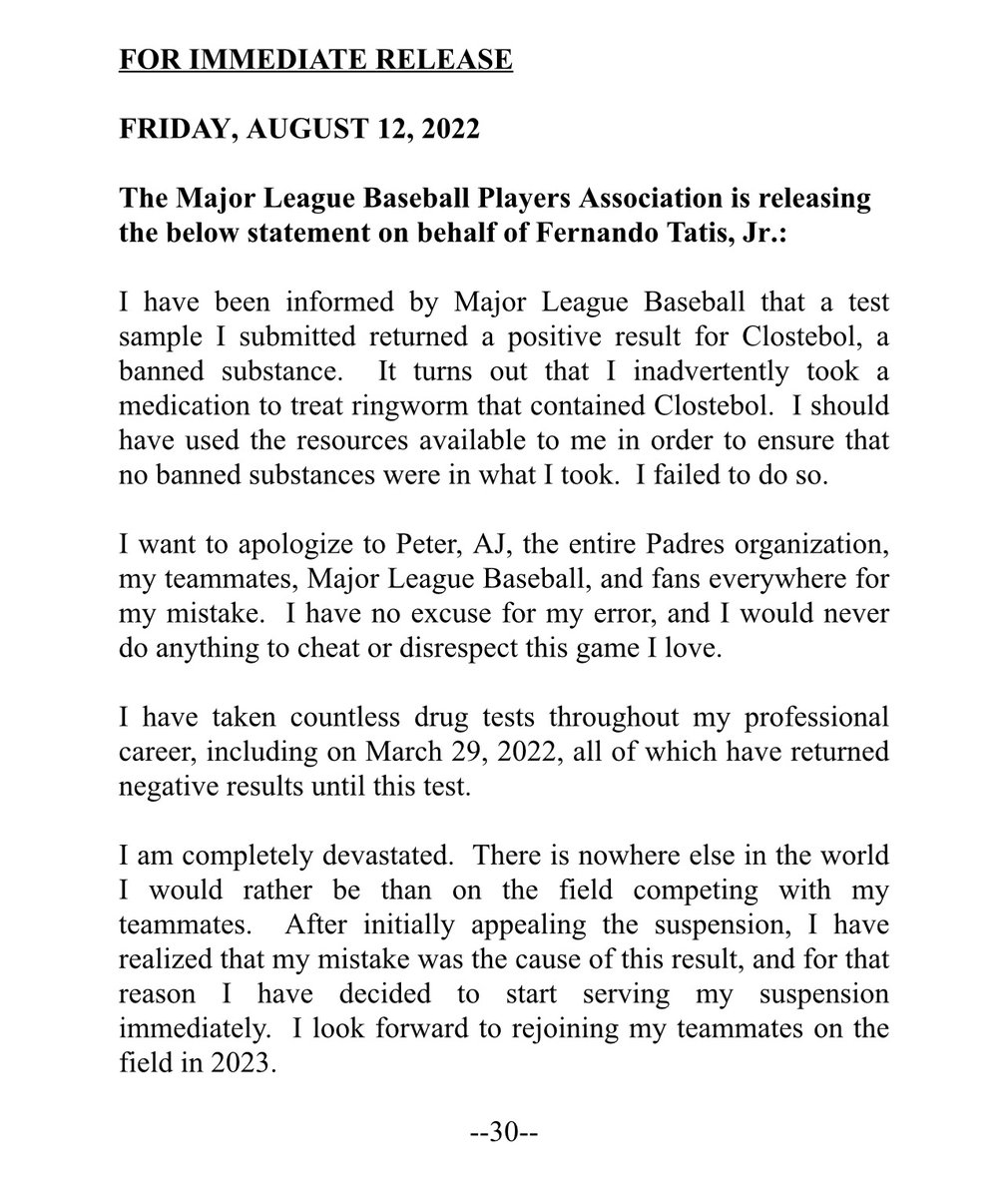 sn_mlb's tweet photo. Fernando Tatís Jr. released a statement regarding his 80 game suspension for violating MLB's PED policy.

Tatís says a medication he used to treat ringworm contained the banned substance Clostebol. https://t.co/ixkvFvKApX