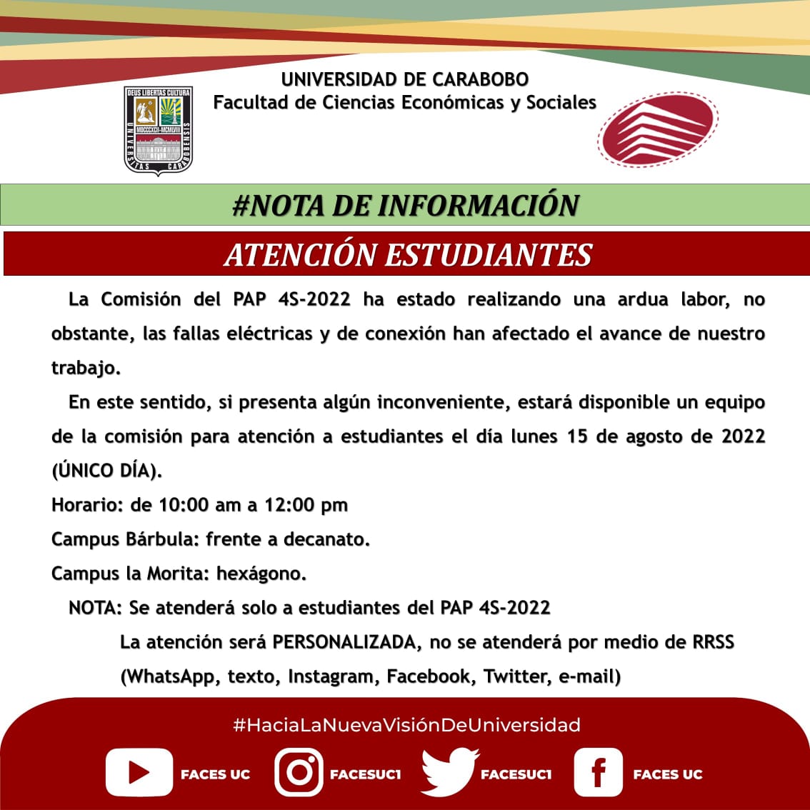 🚨  ATENCIÓN ESTUDIANTES  🚨

Si tienes algun inconveniente con tu inscripción acércate que con gusto te atenderemos para revisar tu caso de manera PERSONALIZADA por la Comisión PAP-FACES-4S2022.

🗓 DÍA ÚNICO: LUNES 15/08

⏰️DE: 10:00 AM  a 12:00 M.

Dr. Benito Hamidian
Decano