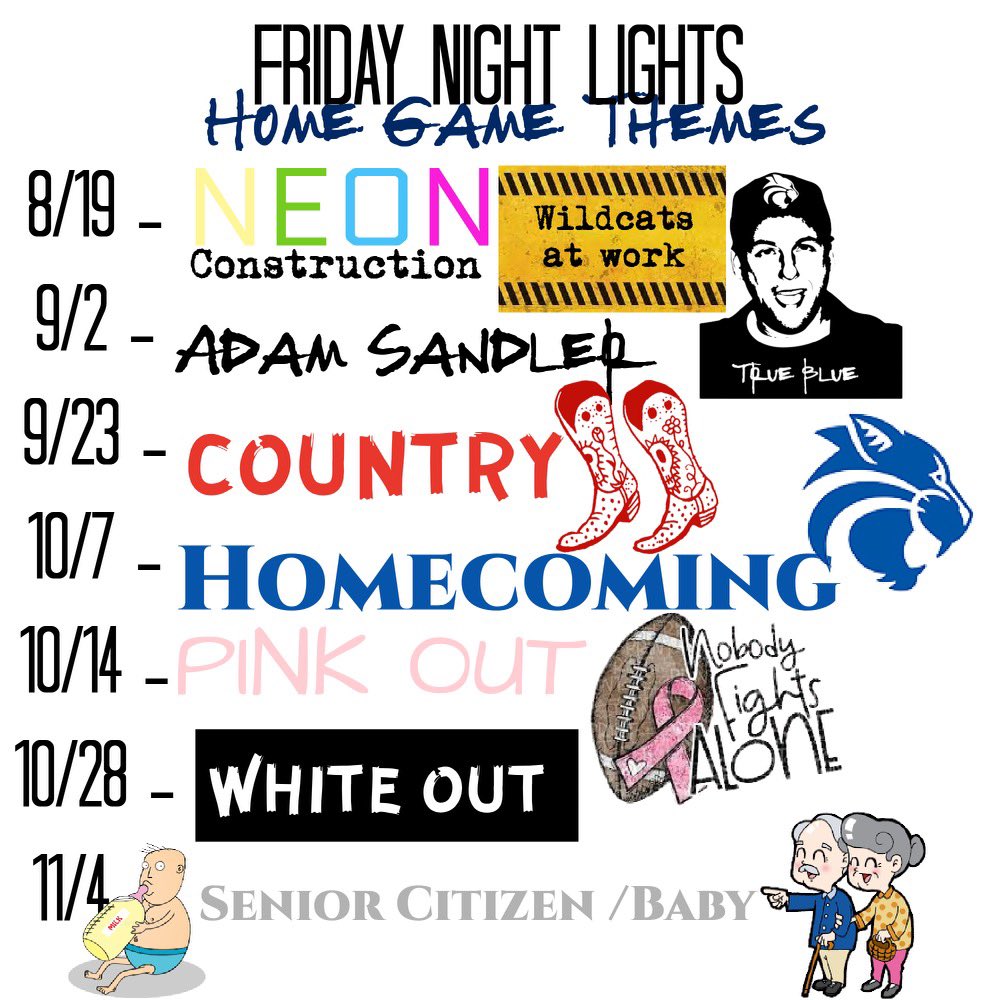 lghseniors's tweet photo. Here are your ‘22-‘23 football student section themes!!! 
Back to the lab 8/19 at home against McDonough. Neon/Construction theme⚠️🚸!! THE WILD SIDE IS THE PLACE TO BE ON THE 19TH TELL A FRIEND!!! https://t.co/LGeVhPnRnx