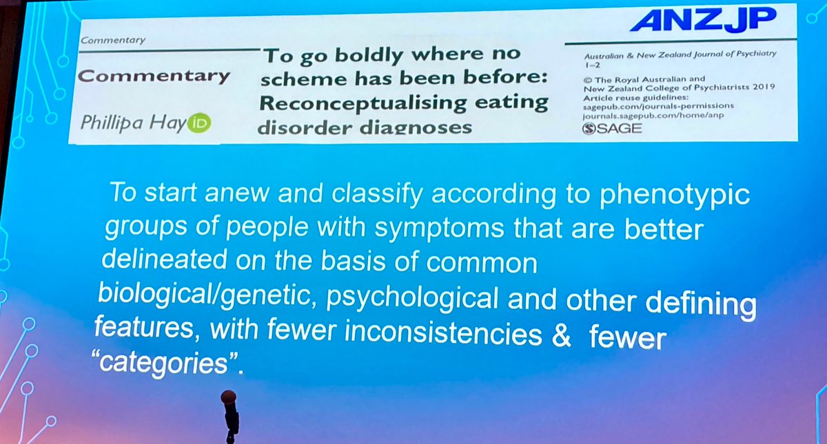 Keynote ✨ Prof Phillipa Hay: Several issues exist w current ED categories: overlap, transition, difficulty distinguishing bw subtypes, weight stigma &amp; bias in conceptualisation (binge eating). Perhaps the time has come for a bold reimagining (eg the RDOC)
#ANZAED2022 <a href="/ANZAED1/">ANZAED</a>