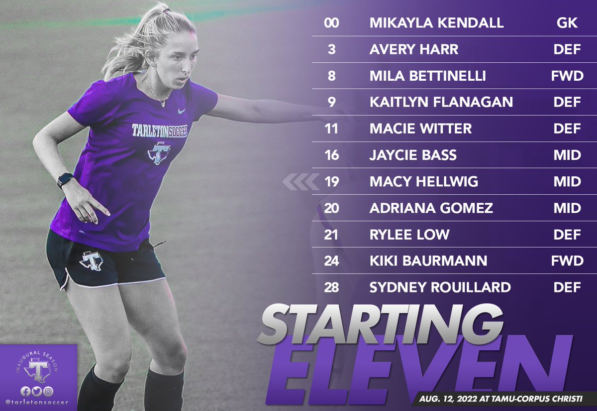 TarletonSoccer's tweet photo. It's almost GO time at the Texas coast! Here's the starting XI for tonight's exhibition 😈

📊 https://t.co/38hAJSpwUY
📺 https://t.co/JS9l0eQMWZ

#TexanNation x #BleedPurple https://t.co/l18StSi8jK
