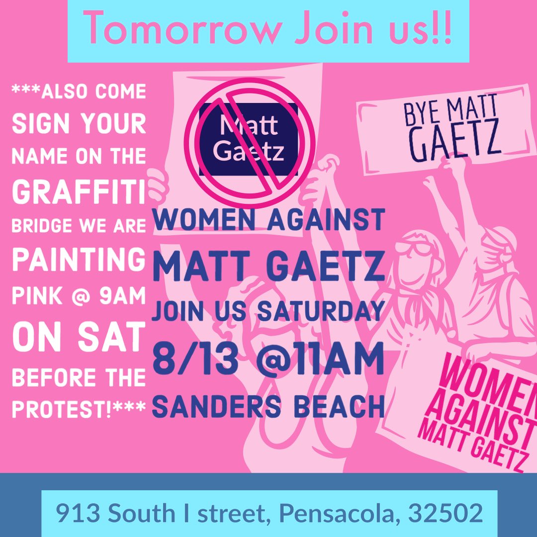 WomenAgainstMG's tweet photo. 9am come sign Graffiti Bridge- then our Protest @ 11am !! #Pensacola #Action #WomenAgainstMattGaetz #WAMG #flapol #FL1 https://t.co/LwY2q7IlPK