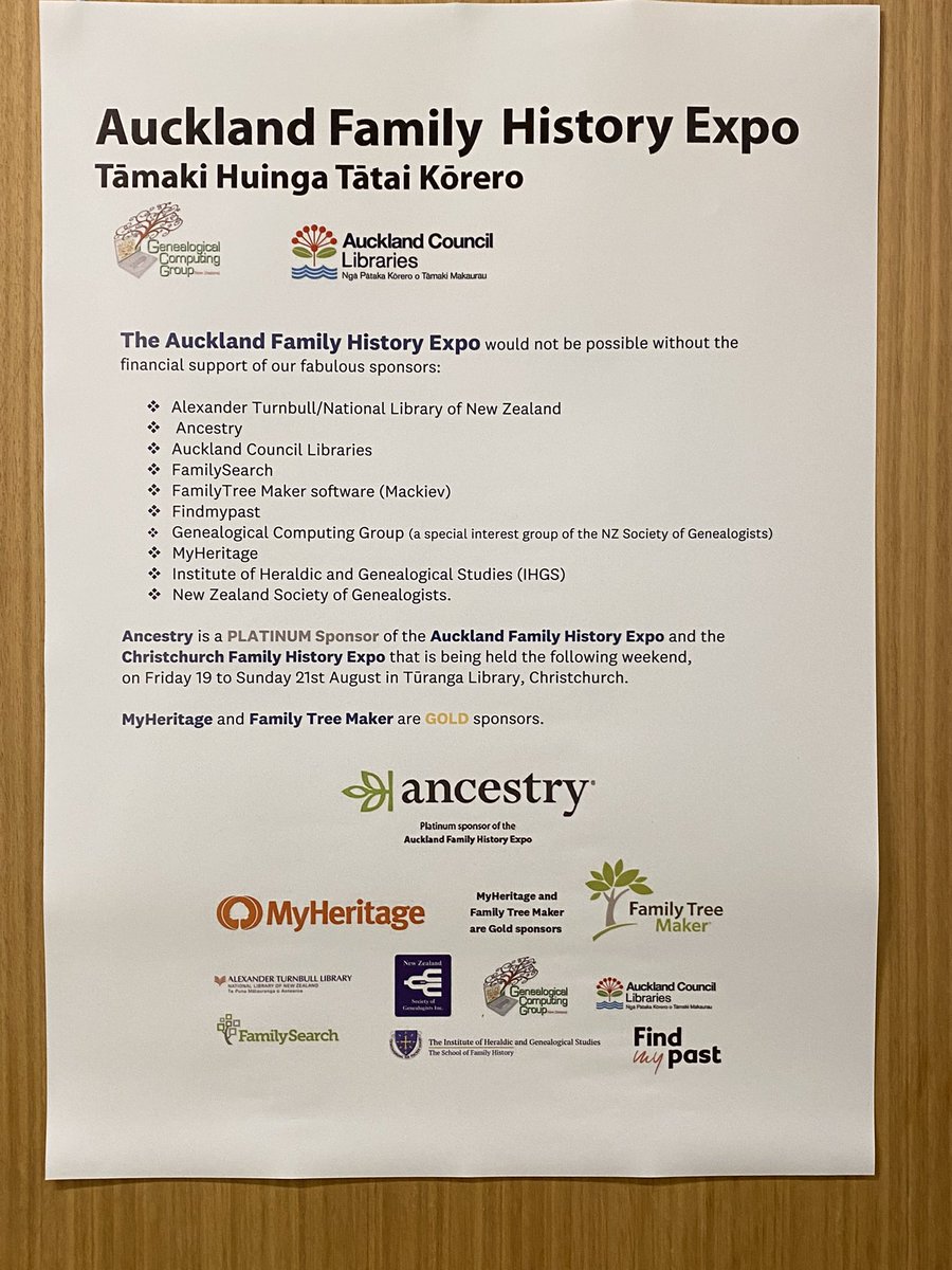 genebrarian's tweet photo. Our awesome sponsors for the Auckland Family History Expo
We couldnβt do this without you!
@Auckland_Libs @AncestryComAu @MyHeritage @IHGS @FamilySearch
#familytreemaker
#genealogicalcomputinggroup
#nzsocietyofgenealogists https://t.co/YYXmn0jBxc