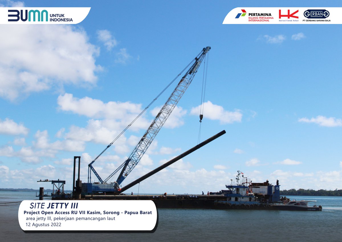 OpenaccessH's tweet photo. Proyek Open Access RU VII Kasim. Sorong - Papua Barat

Pembangunan jetty milik PT. Kilang Pertamina Internasional, guna menunjang mobilisasi Bahan Bakar Minyak di timur Indonesia.

@hk_epc 
#openaccessRUVIIkasim
#sorongpapuabarat https://t.co/gliW9QNI9I