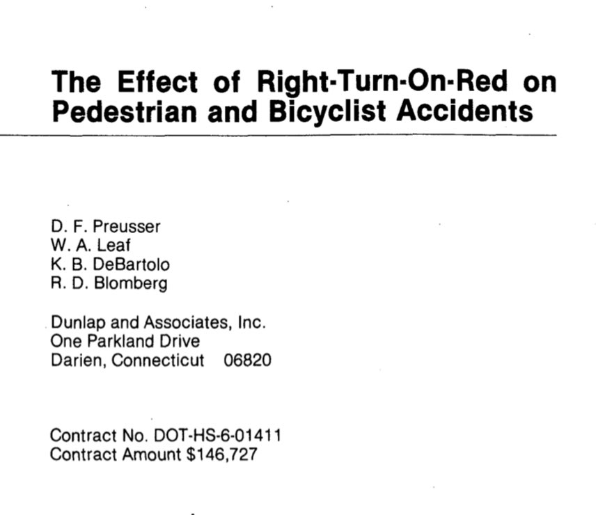 A lot of states adopted laws allowing right turn on red in the 1970s as a fuel saving measure

By 1981 (41 years ago), <a href="/USDOT/">U.S. Department of Transportation</a> had issued a report stating the policy was killing people walking and bicycling

Why are we still doing this?
rosap.ntl.bts.gov/view/dot/1322/…?