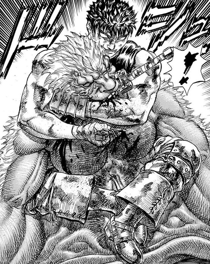 prompthunt: a highly detailed panel from the berserk manga of guts wielding  his large great sword while battling an enemy, berserk manga, colored manga  art