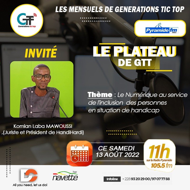 <a href="/Handihardi21/">HANDIHARDI Officiel</a> sera demain samedi à 11H sur le plateau Génération Tic Top de #Pyramide FM pour débattre sur le thème "le #numérique au service de l'#inclusion des personnes en situation de #handicap". 

<a href="/jojofiertE/">Joseph Komi Amenoudo</a> 
@AMikafui 
<a href="/MasseNIANG14/">OADCPH</a> 
<a href="/CaddTogo/">Centre d'Actions pour le Développement Durable</a>