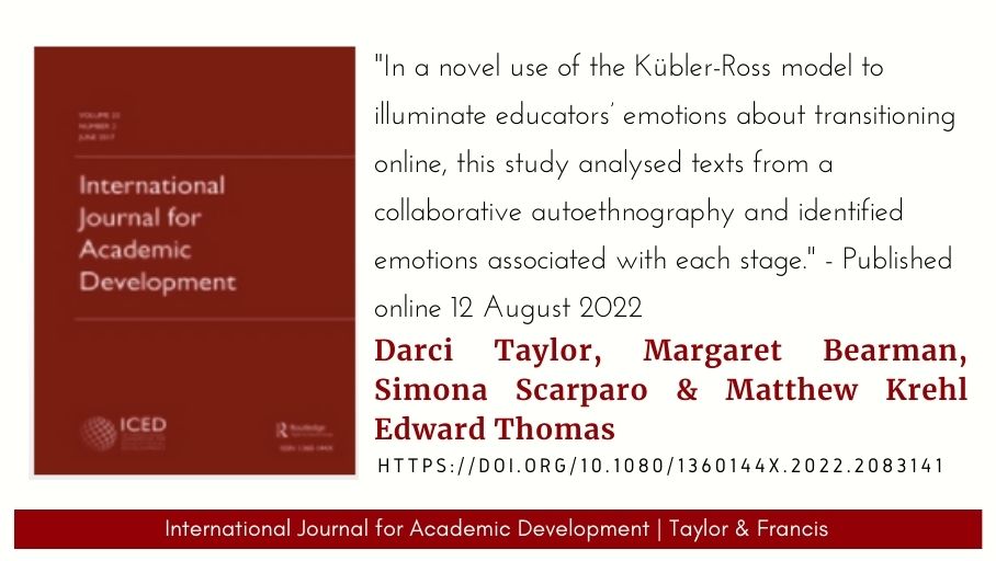 IntlJourAcadDev's tweet image. New release: 'The emotional transition to online teaching: grief, loss, and implications for academic development', by @TaylorDarci, @margaret_bea, Simona Scarparo &amp;amp; @whoseprivacy - doi.org/10.1080/136014…