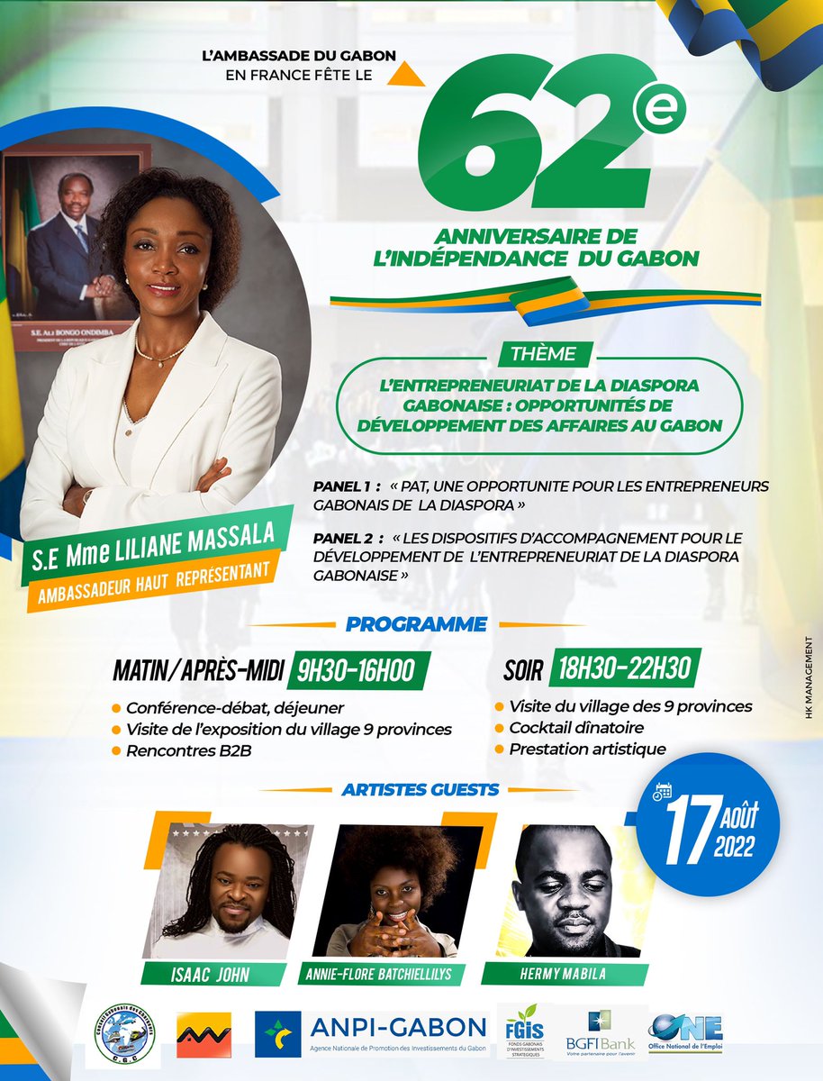 Comme au #Gabon, nous célébrerons avec la diaspora gabonaise de France le 62e anniversaire de l'indépendance du 🇬🇦, le 17 août prochain. 

Au programme :
- Conférence-débat animée par des responsables de l’État, de l’entreprise et de la haute finance. 
- Cocktail dinatoire .
