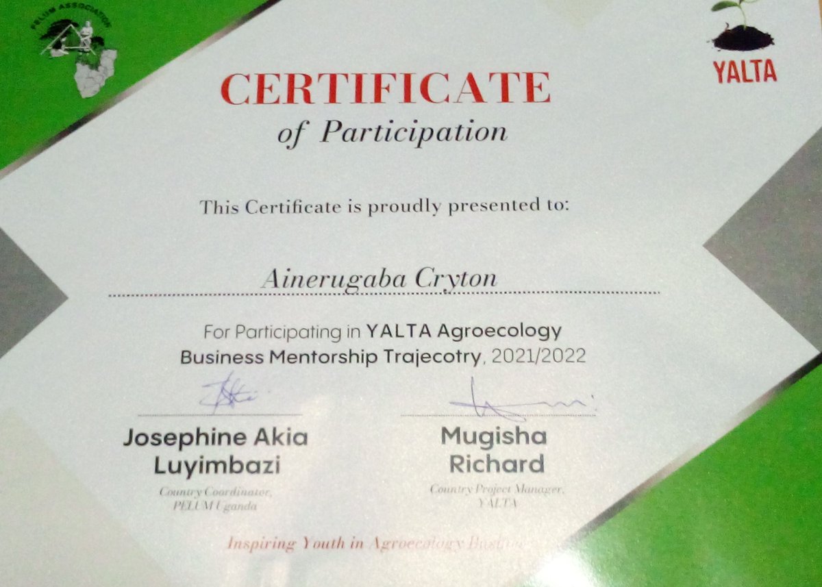 cryton_uganda's tweet photo. On #YouthDay2022 the world celebrates what #youth have been able to achieve in different aspects of dev't, @pelum_uganda in @YaltaInitiative we celebrate youth in agroecology and am awarded a certificate in agroecology. @nyongerayoghurt @unyfa1 @unffe @KcoaKhea @PelumKenya https://t.co/rjLHEJHnZB