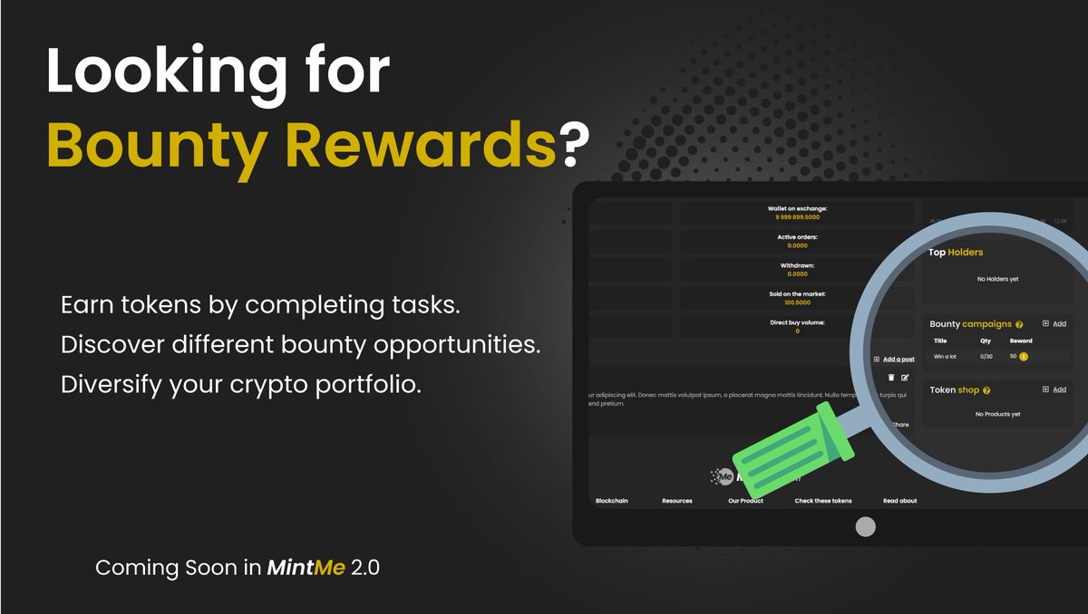 mintmeproject's tweet photo. In version 2.0 you will be able to find unique ways to earn tokens by completing bounties created by community members.

#MintMerebranding #thenewMintMe #MintMe #crypto #ETH  #hiddengem #LBank #BTC #Doge #investing #crowdfunding #Cryptocurency #socialtokens #ToTheMoon #CRO https://t.co/l91EvmQi0z