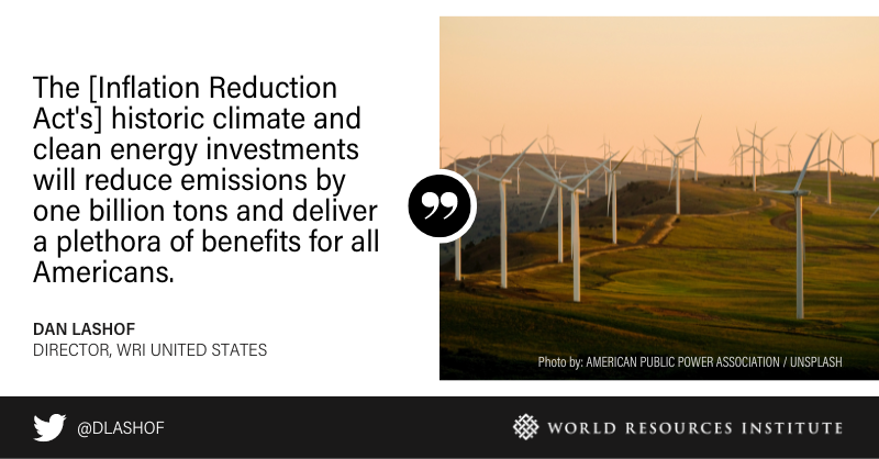 WRIClimate's tweet photo. Congress passed the #InflationReductionAct, the most significant climate legislation in U.S. history that will offer a plethora of benefits for Americans and put the nation within striking distance of its climate goal.

Read @DLashof’s statement: