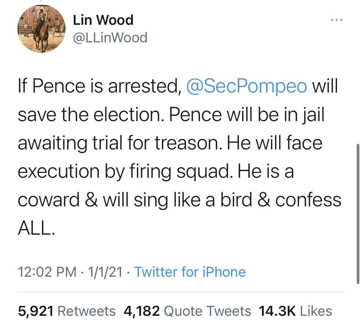 MrsCsCookies's tweet photo. #LinWood Calls for assassination of @Mike_Pence  #Flynn #FlynnCo 

EQUAL JUSTICE UNDER THE LAW [AS WRITTEN].
TRANSPARENCY [DISCLOSURE] AND ACCOUNTABILITY [JUSTICE] IS THE ONLY WAY FORWARD.
FUTURE OF OUR REPUBLIC AT STAKE.
WATERGATE x1000
SEPT 14-18, 21-25 [track &amp; follow events] https://t.co/W7jN7Wii7r